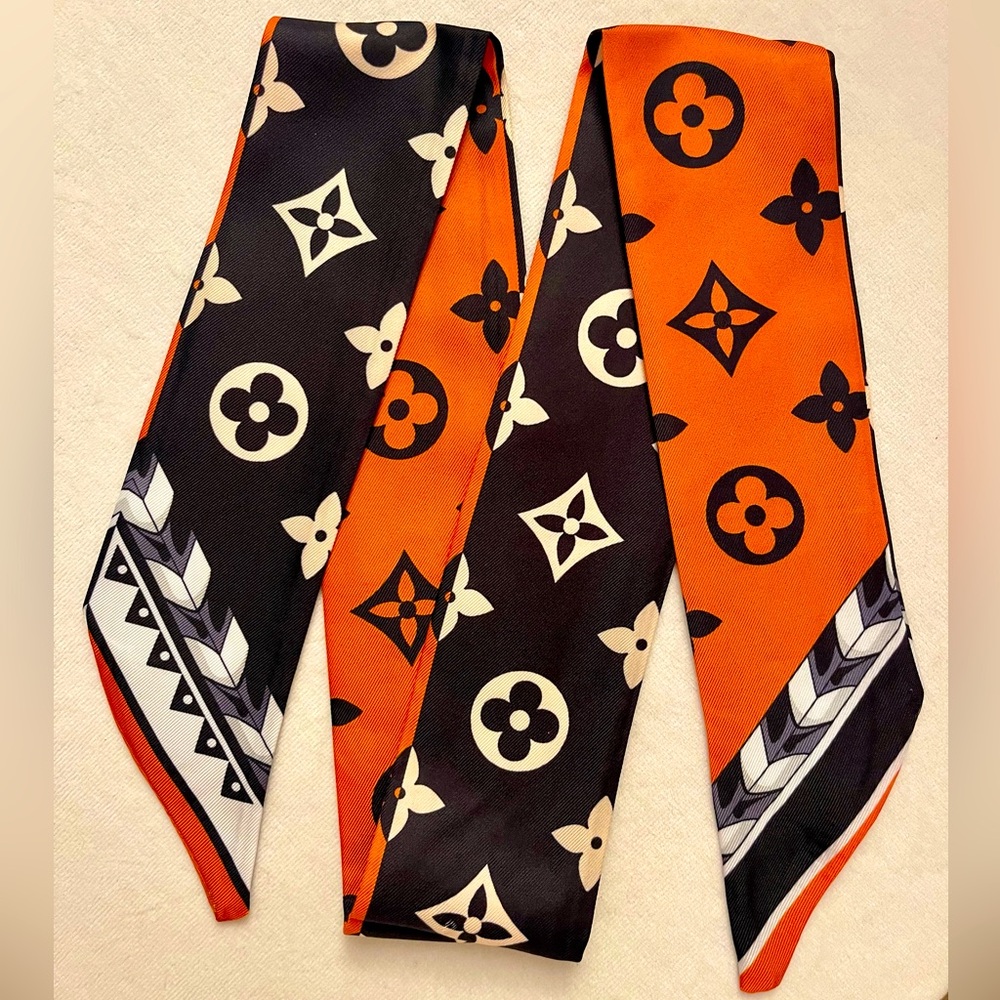 Orange and Black Monogram Patterned Twilly Bandeau Scarf Wrap 🩷 - Picture 4 of 6